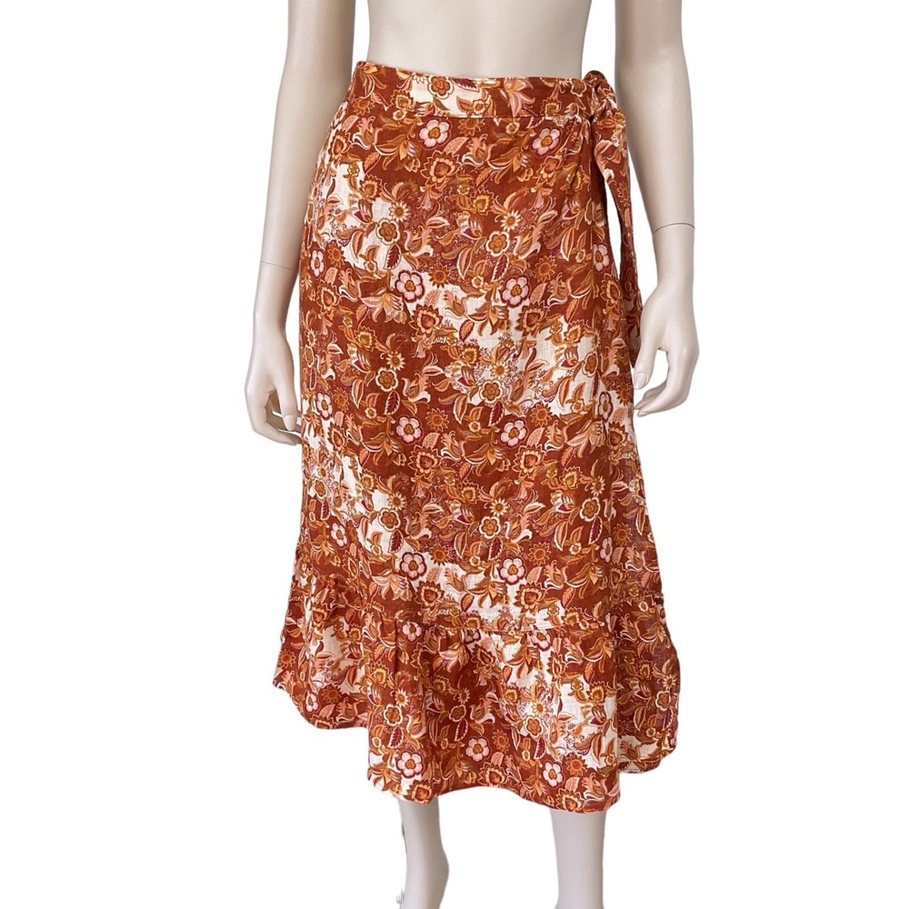 Nicole Miller Skirt Women Large OrangeFloral Faux Wrap Linen Midi NWT